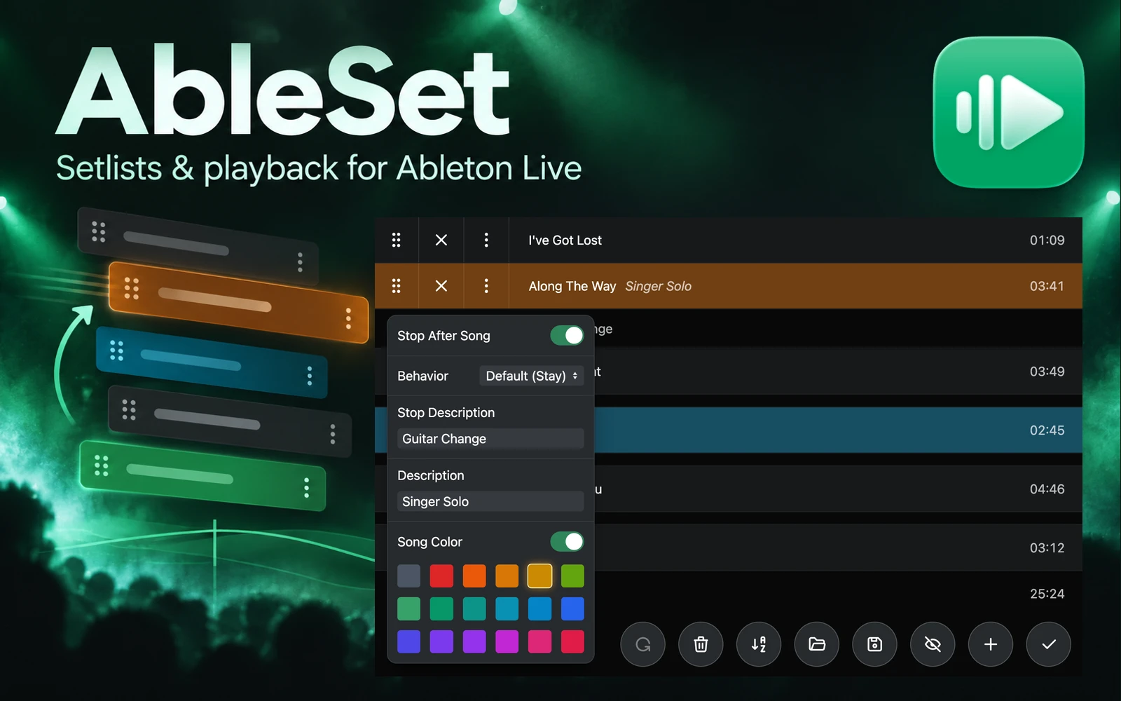 Editorial composition of AbleSet showing its genuine setlist editor, abstract song-order cards and the official green AbleSet logo.