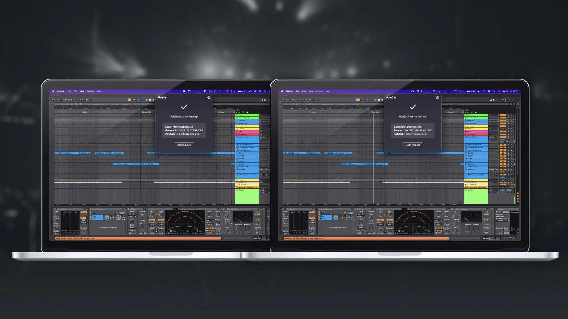 Official AbleNet illustration showing two computers running Ableton Live for a redundant playback setup.
