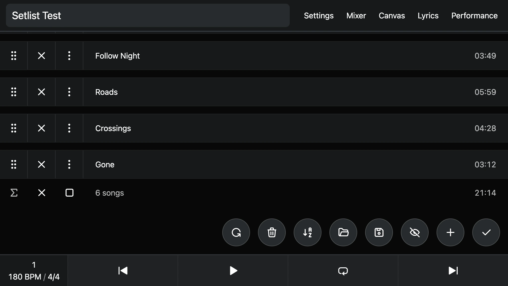 AbleSet setlist editor showing song order, durations, editing controls and playback transport.