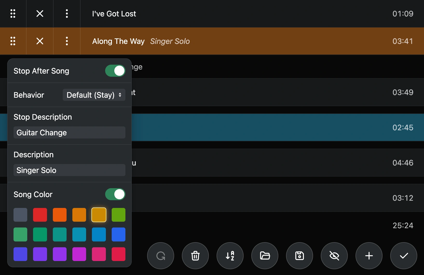 AbleSet song settings showing stop behaviour, descriptions and song colours within the setlist editor.