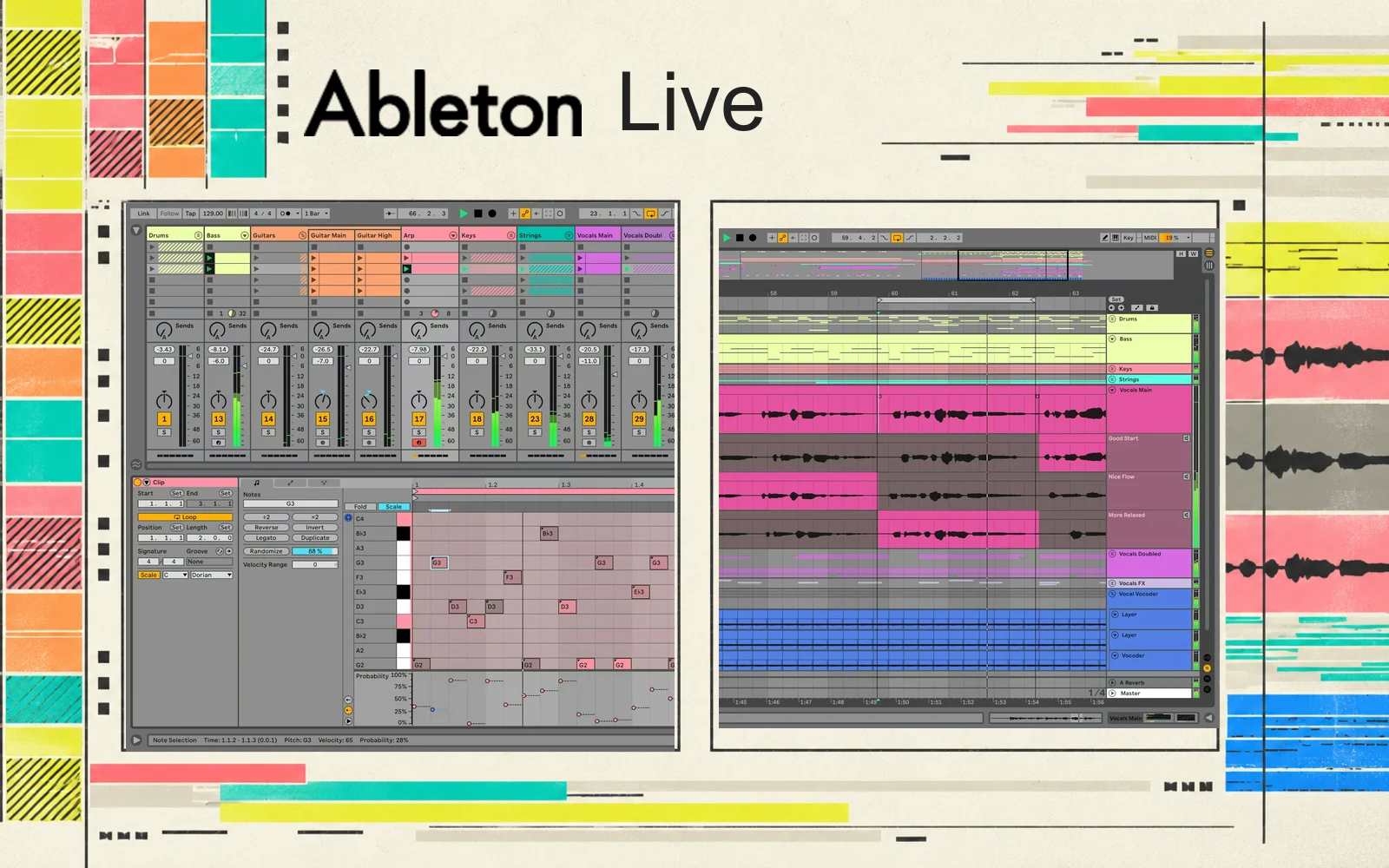 Editorial composition of Ableton Live combining official Session View and Arrangement View screenshots with graphic clip and waveform artwork.