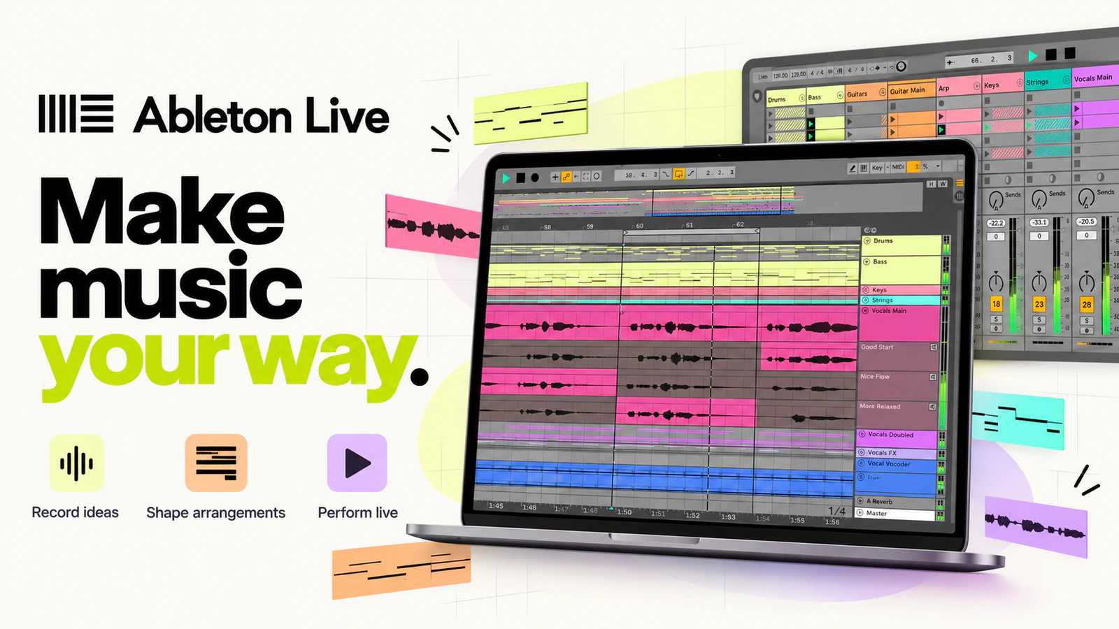 Editorial composition of Ableton Live showing arrangement and session workflows with colourful tracks and clips.
