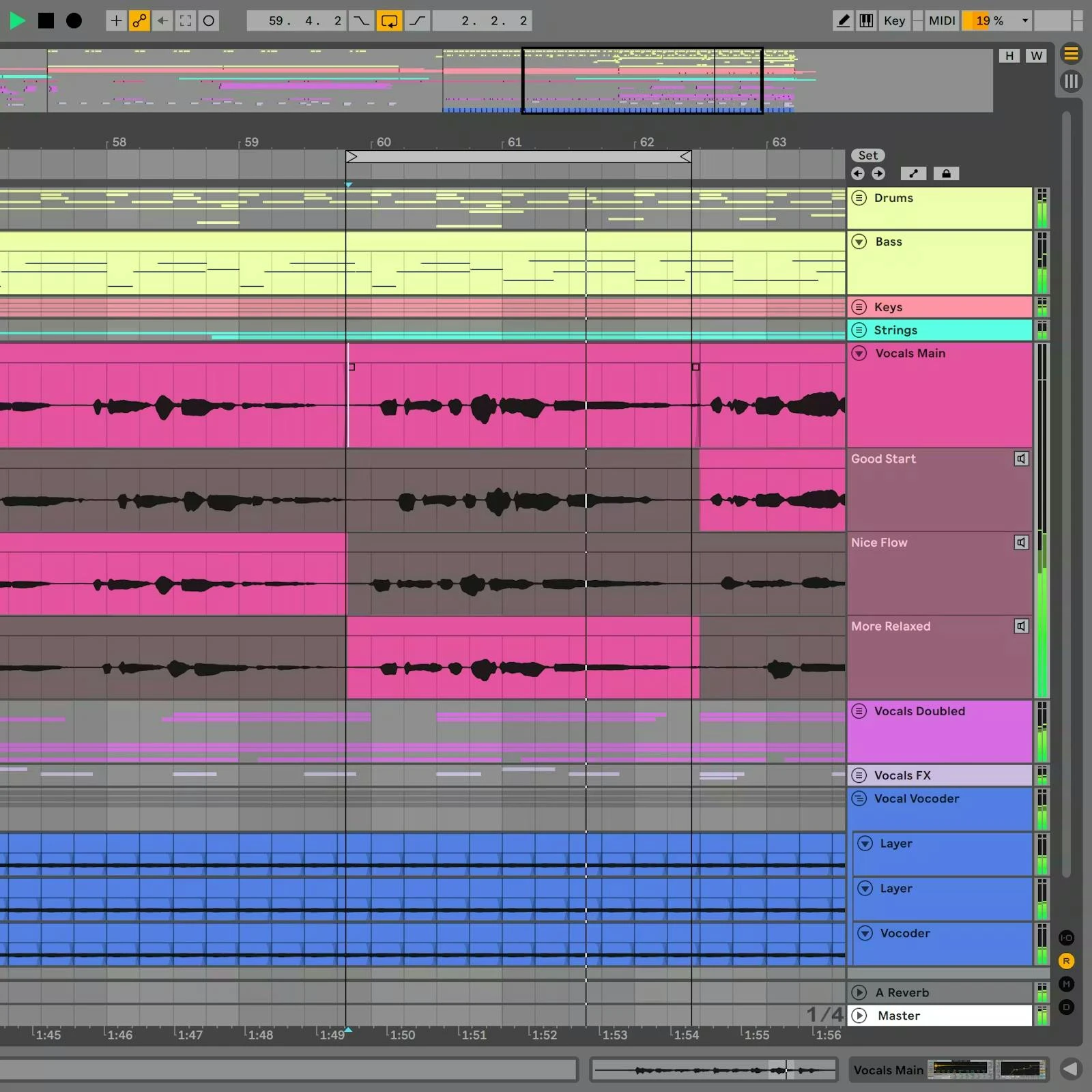 Ableton Live Arrangement View showing audio and MIDI tracks with expanded vocal take lanes