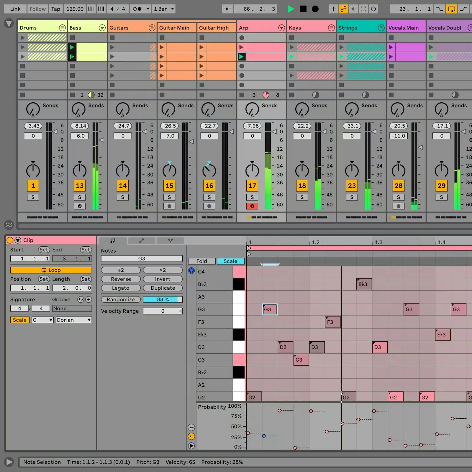 Ableton Live Session View showing coloured clips, mixer channels and a MIDI note editor