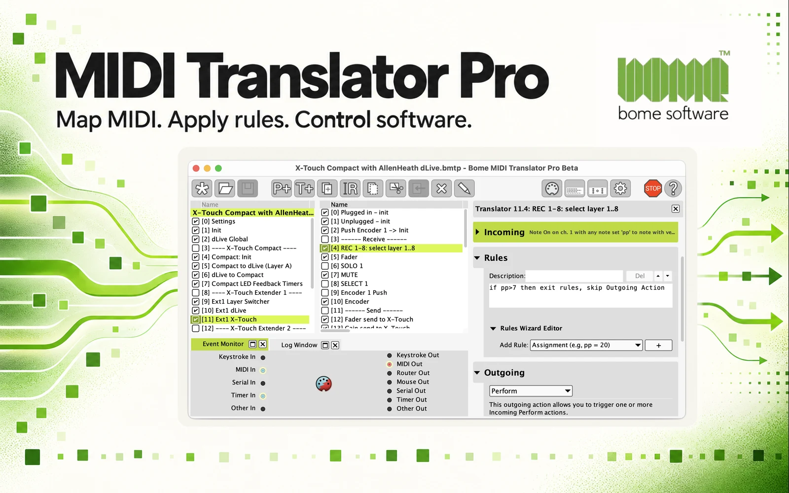 Editorial composition of Bome MIDI Translator Pro showing a genuine mapping interface, green signal paths and the official Bome logo.