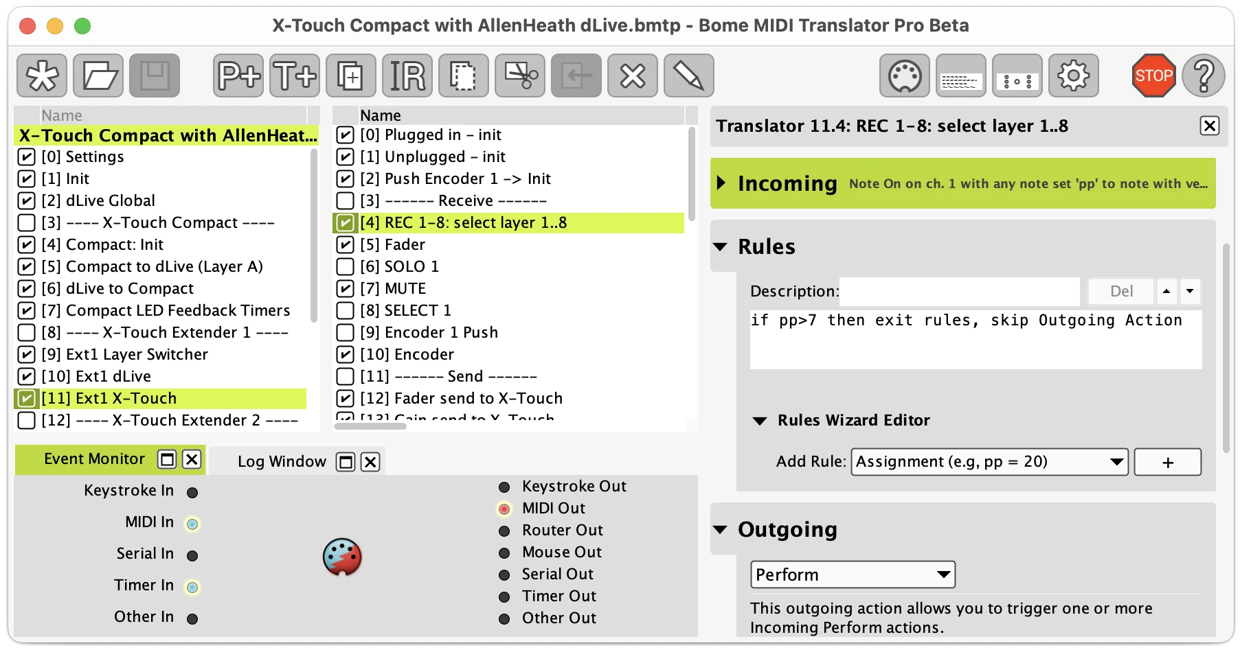 Official Bome MIDI Translator Pro example showing presets, translators, incoming events, rules and outgoing actions.