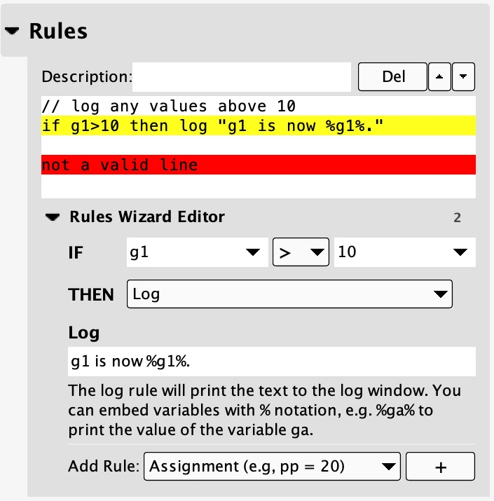Bome MIDI Translator Pro Rules Wizard showing a variable condition and a log action.