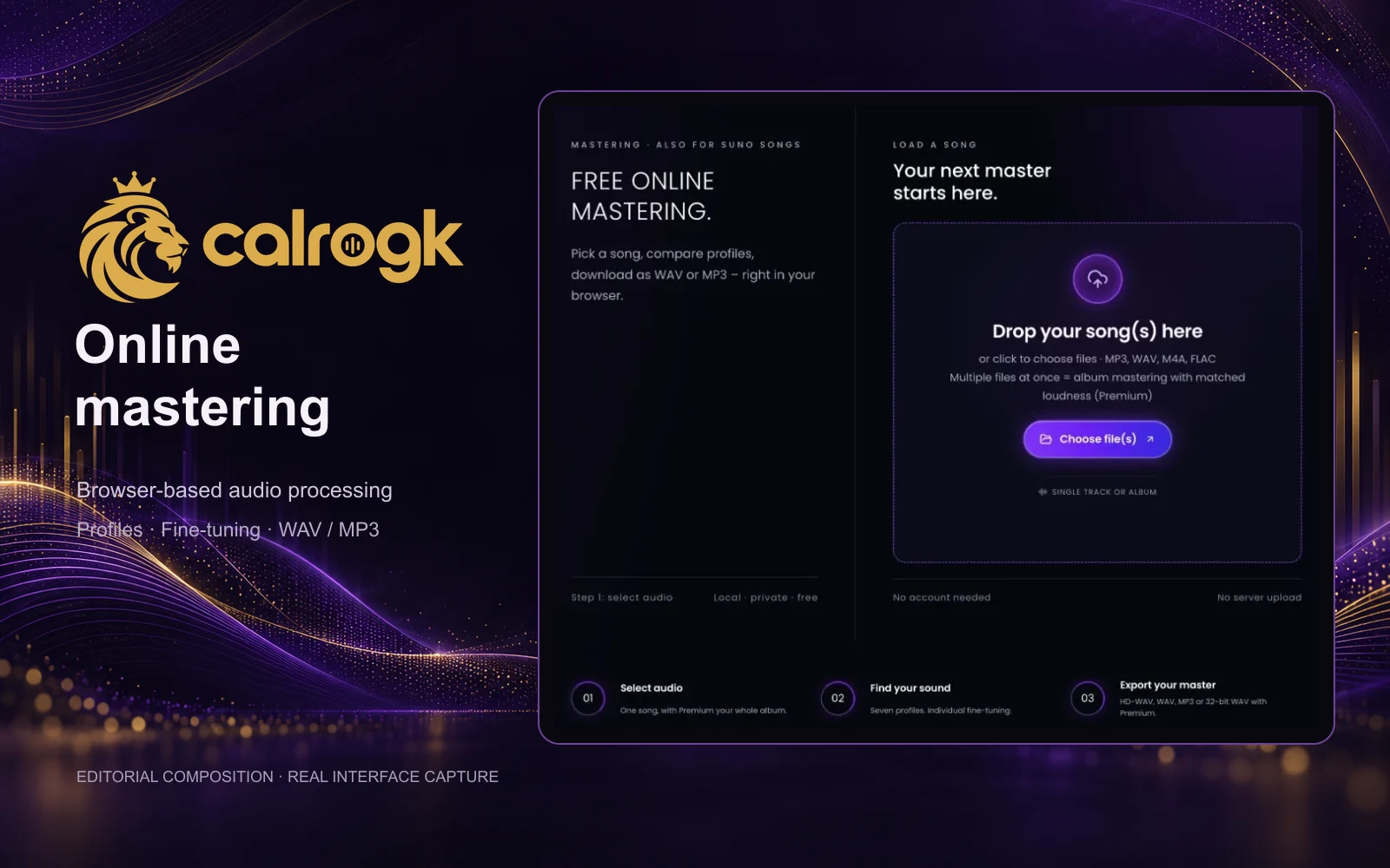 Editorial composition of Calrogk Online Mastering featuring its official gold logo and genuine browser start screen for loading audio.