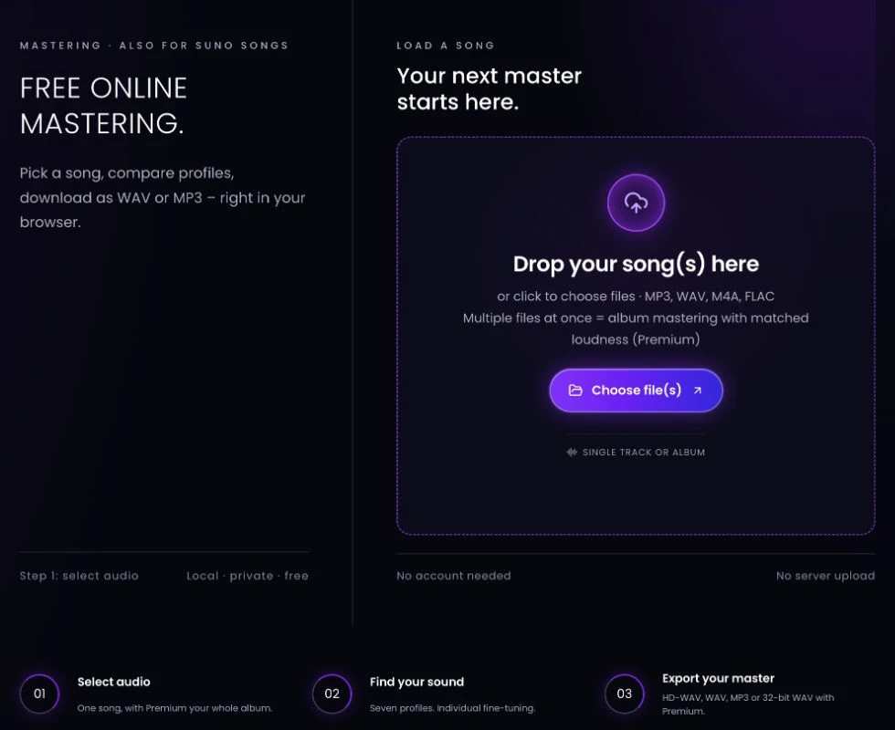 Calrogk Online Mastering start screen showing the audio file chooser, supported formats and three-step mastering workflow.