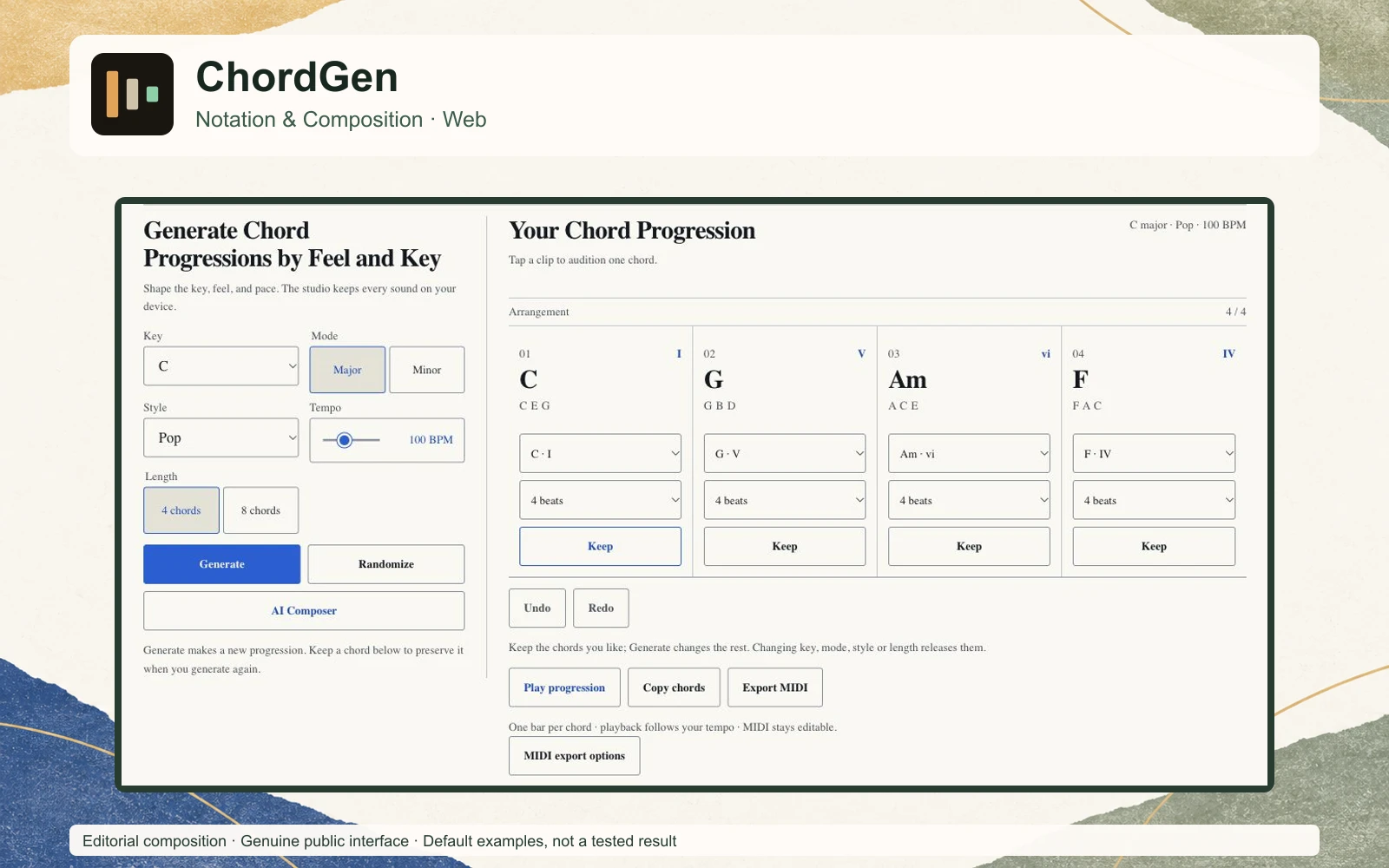 Editorial composition of ChordGen with its official icon and genuine public editable chord progression controls.