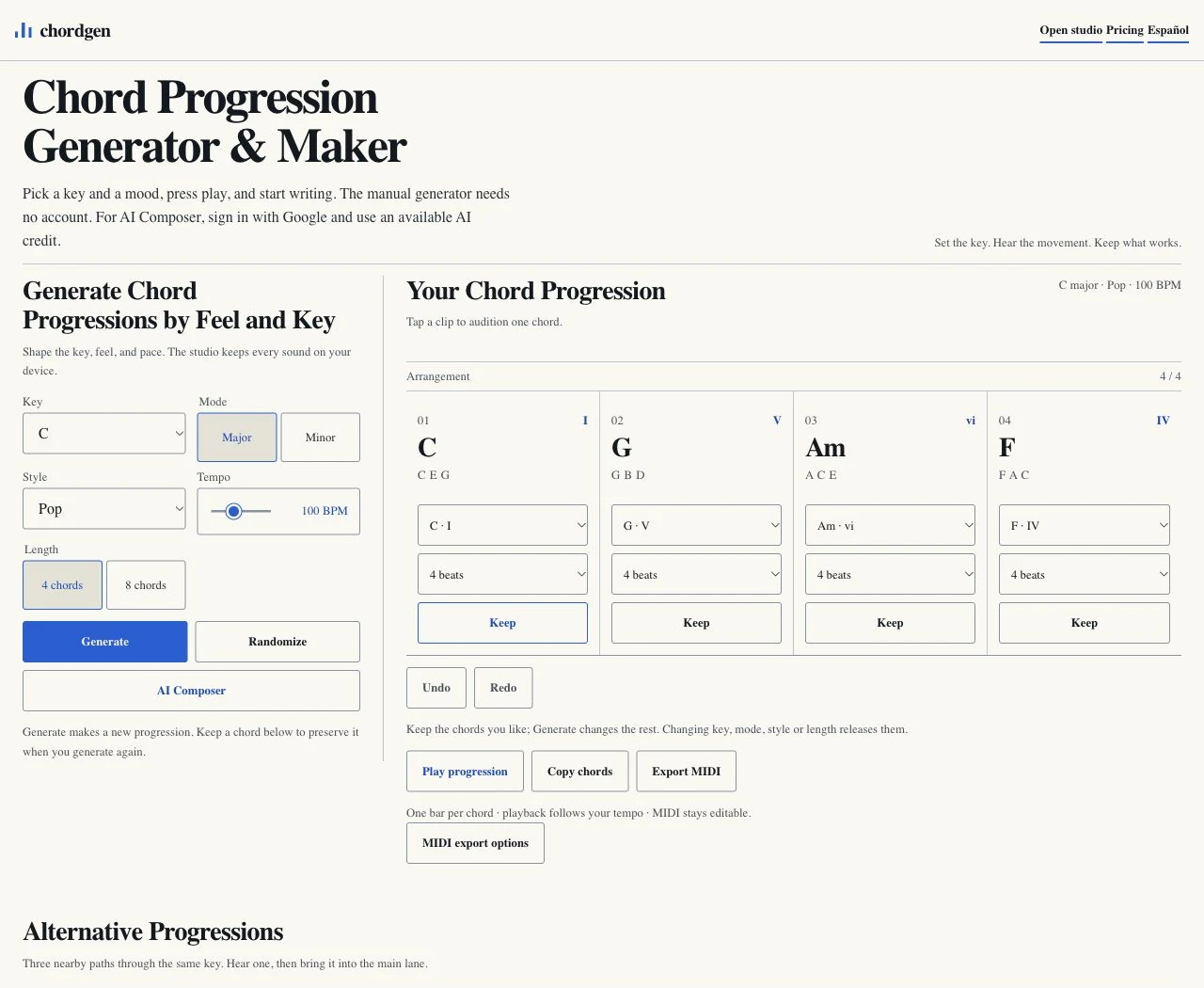 ChordGen’s public studio with its default C–G–Am–F progression, per-chord controls and MIDI export options. No progression, playback or export was tested.