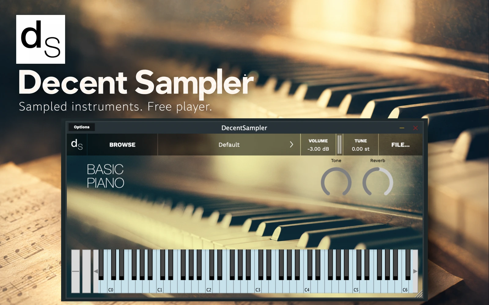 Editorial composition of Decent Sampler showing the official Basic Piano instrument interface and Decent Samples logo.