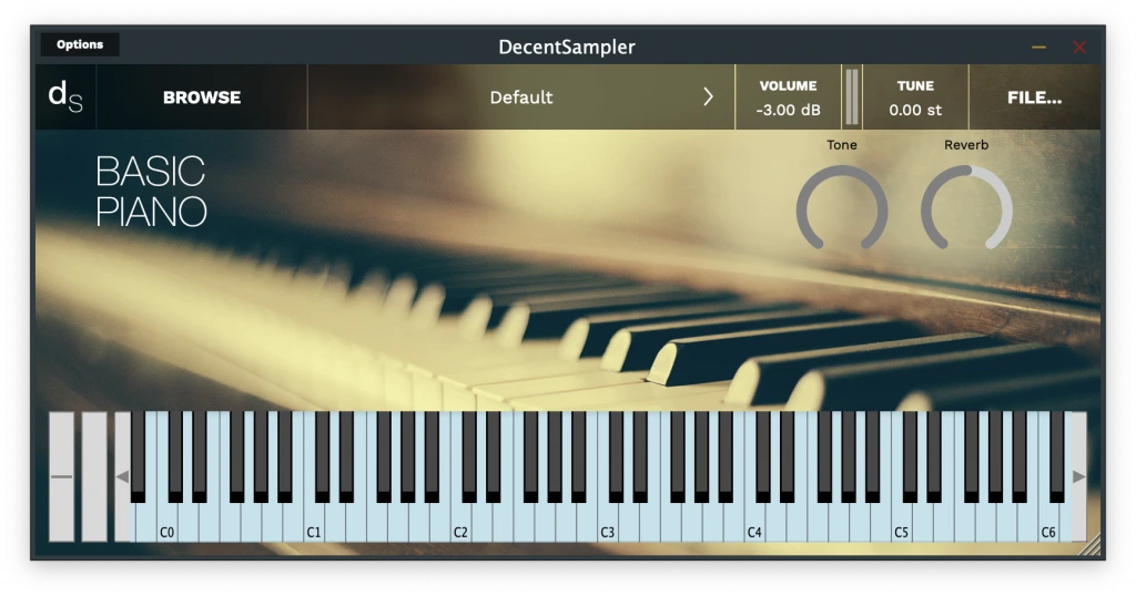 Official Decent Sampler screenshot showing the Basic Piano library, tone and reverb controls, and onscreen keyboard