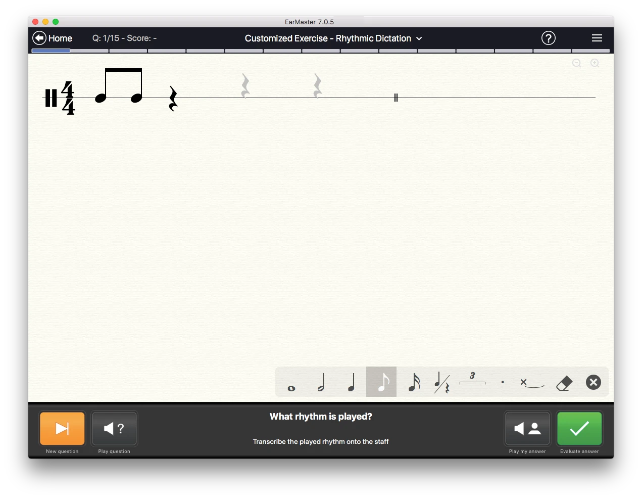 EarMaster rhythmic dictation exercise showing a notation staff and rhythm-entry controls