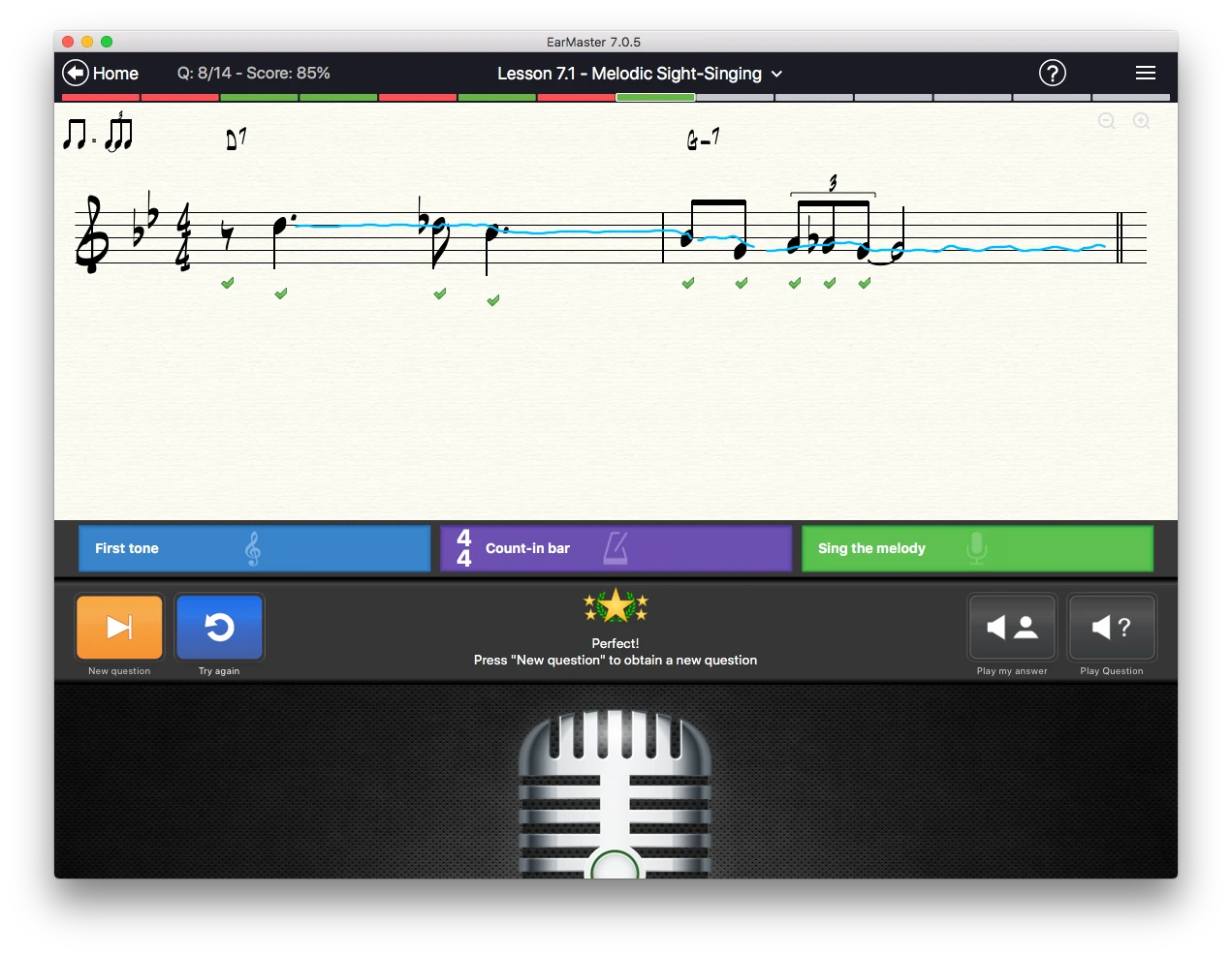 EarMaster melodic sight-singing exercise showing notation and pitch feedback
