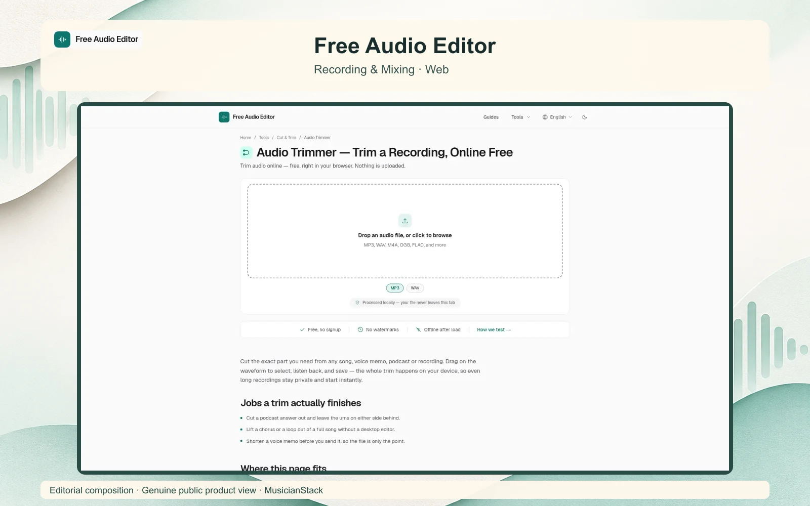 Editorial composition of Free Audio Editor showing its genuine public music workflow.