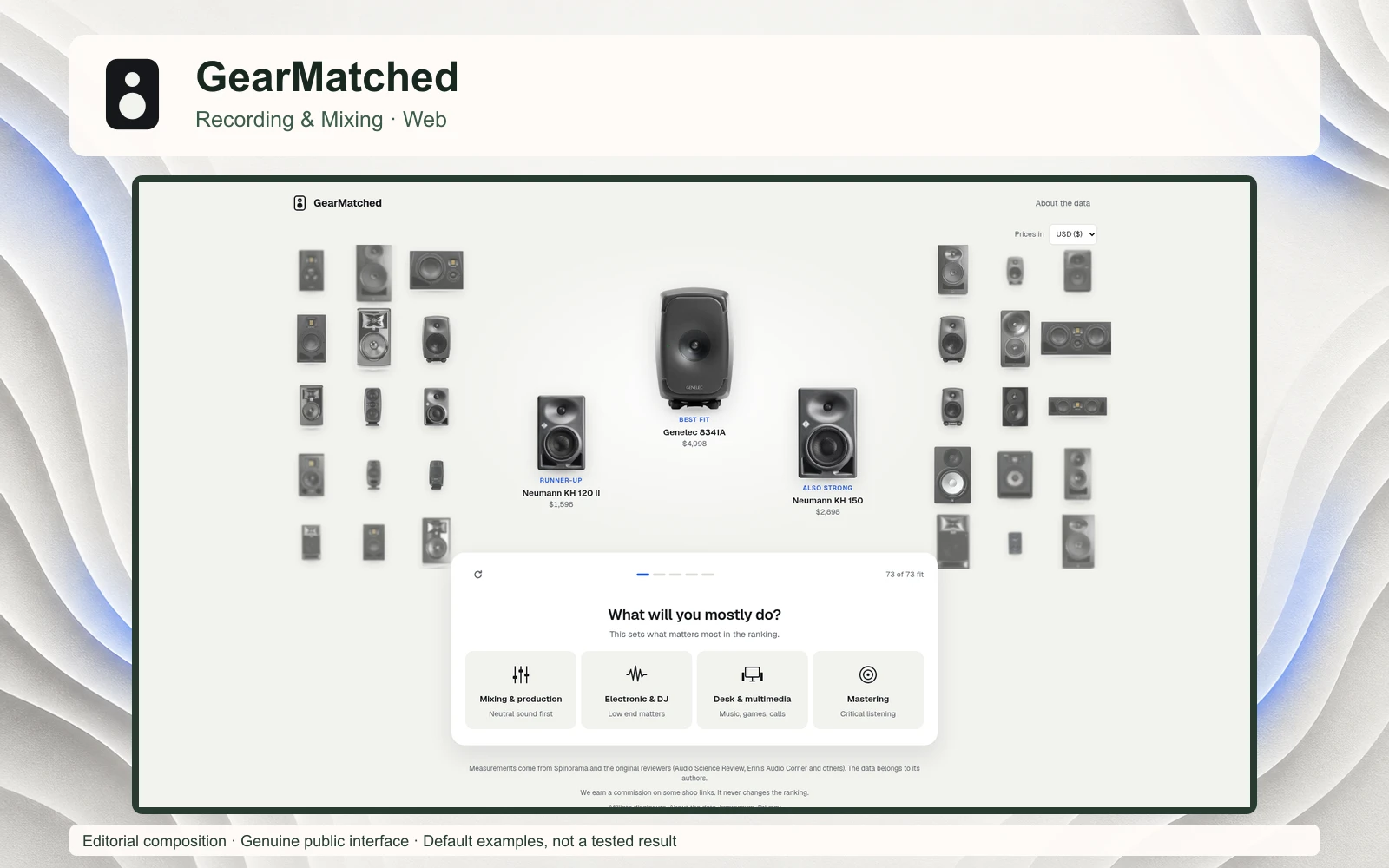 Editorial composition of GearMatched with its official icon and genuine public studio monitor questionnaire.
