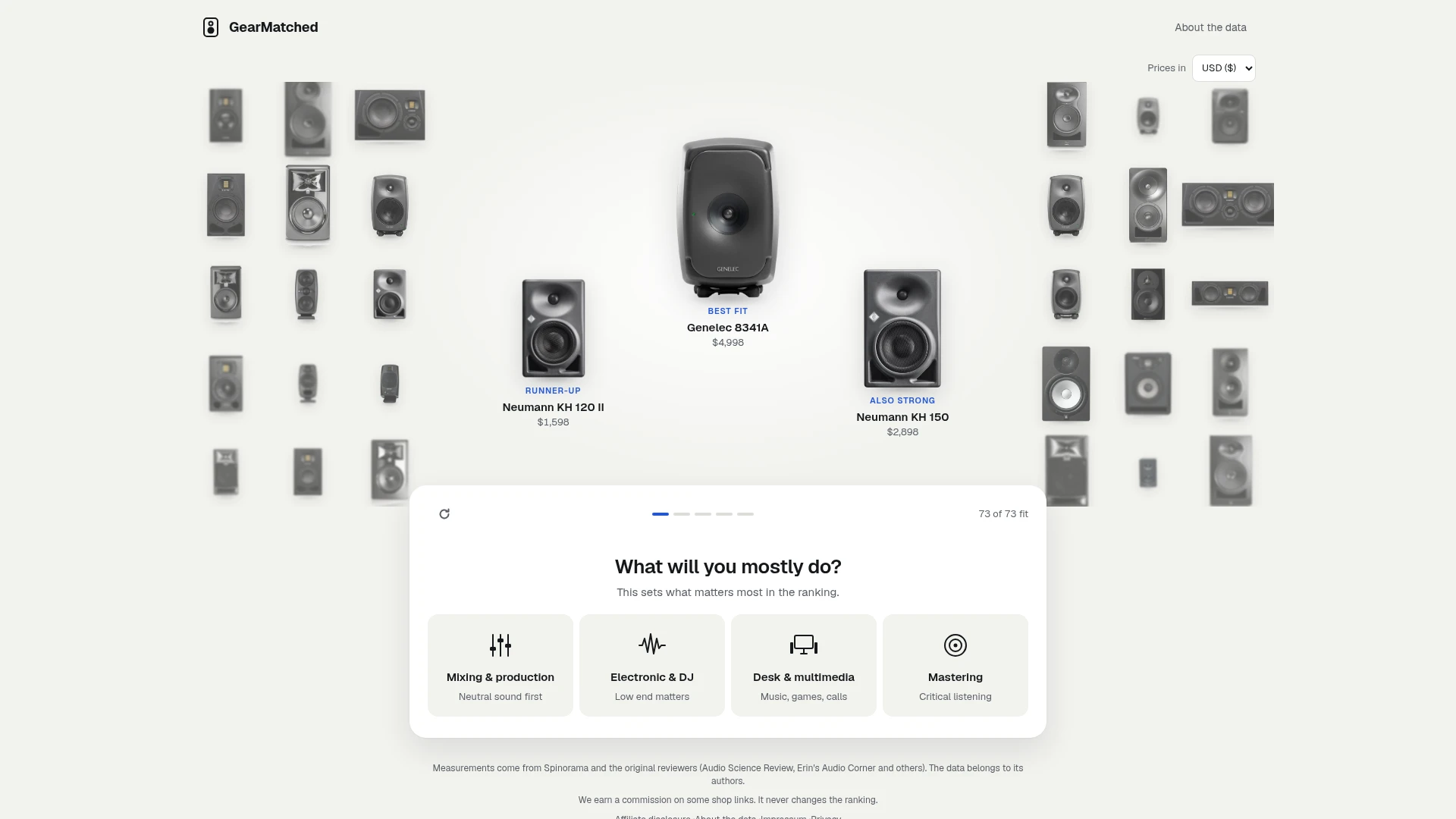 GearMatched’s initial questionnaire and example monitor cards before any room answers were entered. These are the site’s default examples, not a tested recommendation.