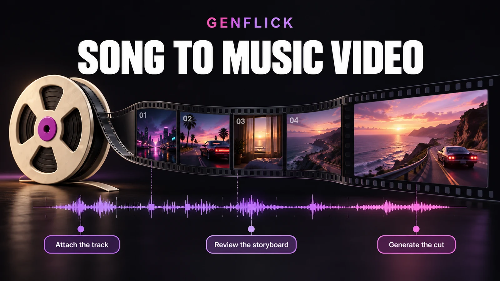 Editorial composition for Genflick Song to Music Video showing a song waveform becoming storyboard frames and a finished music-video scene.
