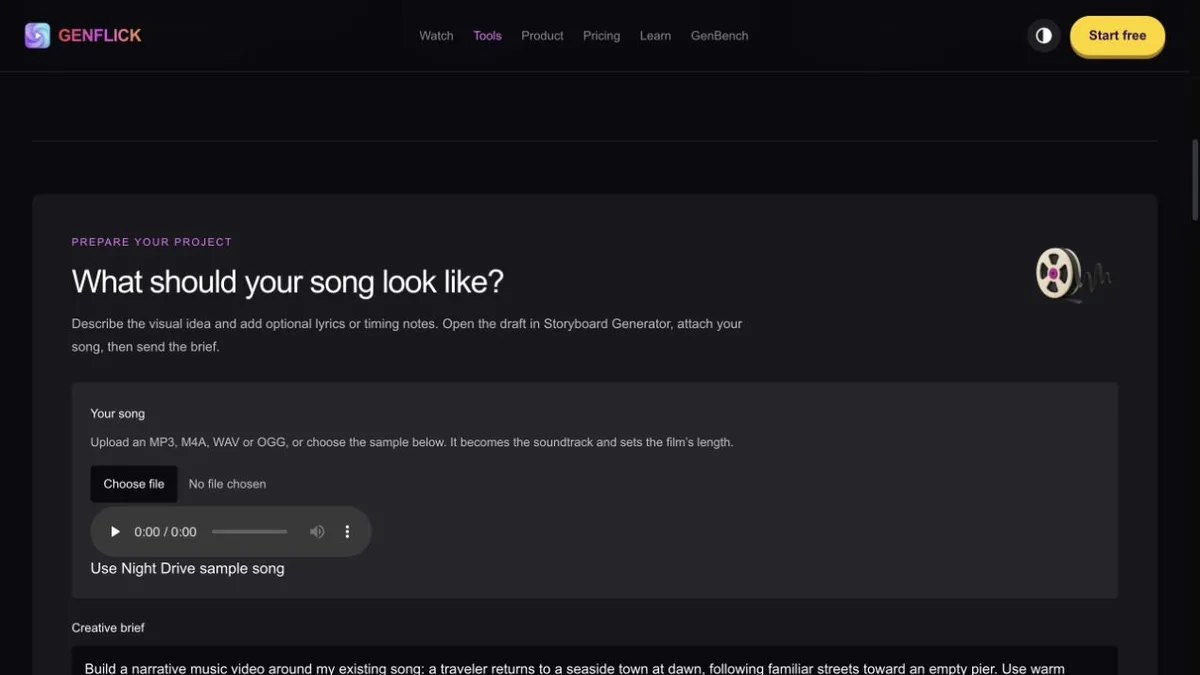 Genflick Song to Music Video project screen with audio upload, sample track and creative brief fields.