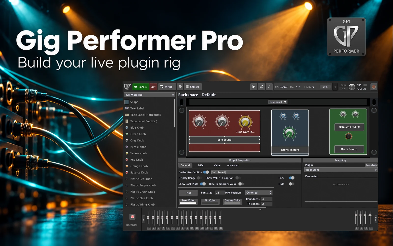 Editorial composition of Gig Performer Pro with a genuine custom-panel interface, abstract stage routing and the official product icon.