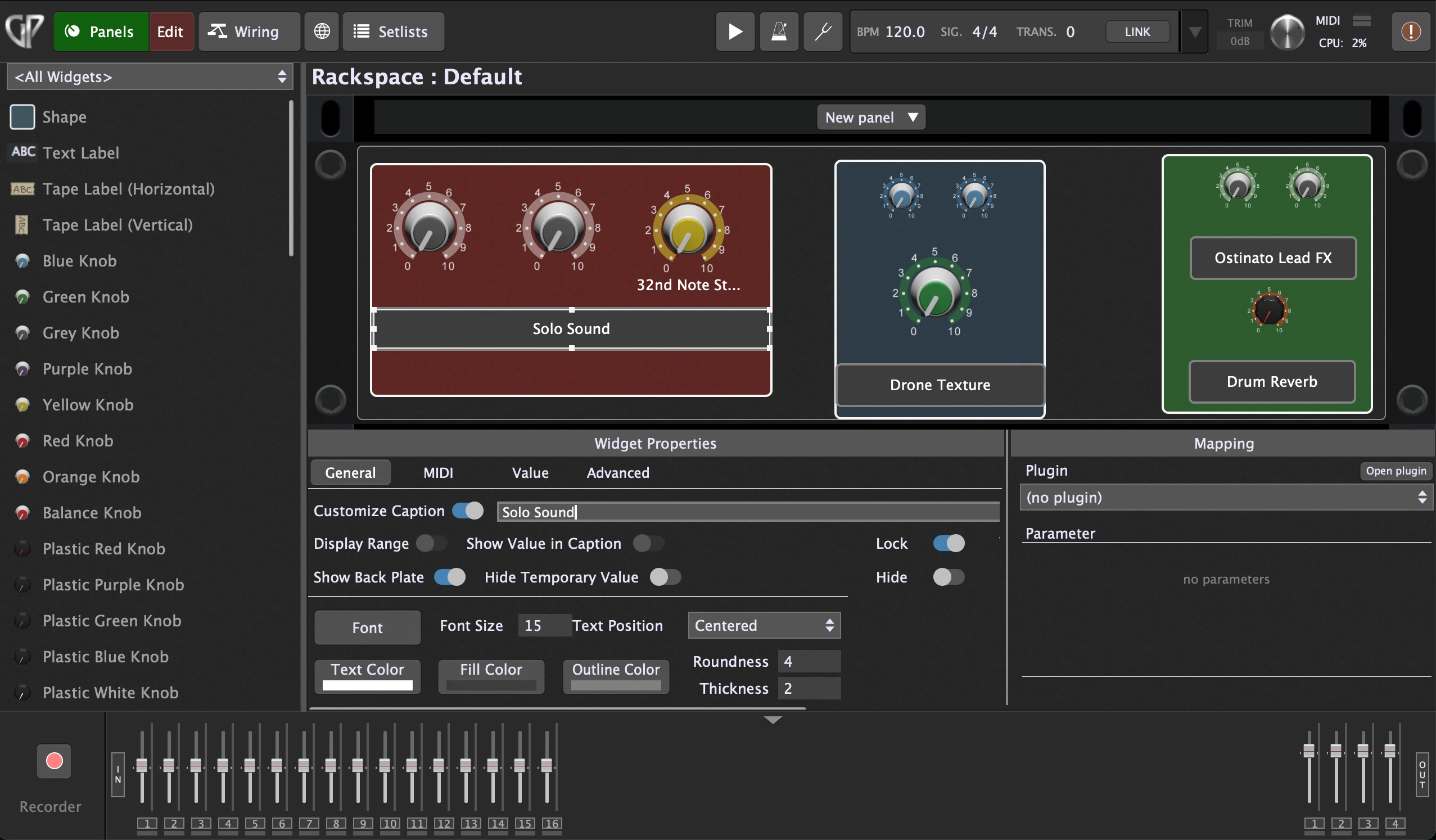 Gig Performer panel editor showing custom knobs, panels and widget properties for controlling plugins.