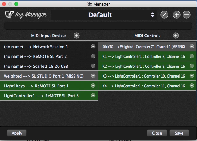 Gig Performer Rig Manager showing MIDI input devices and named controller mappings.