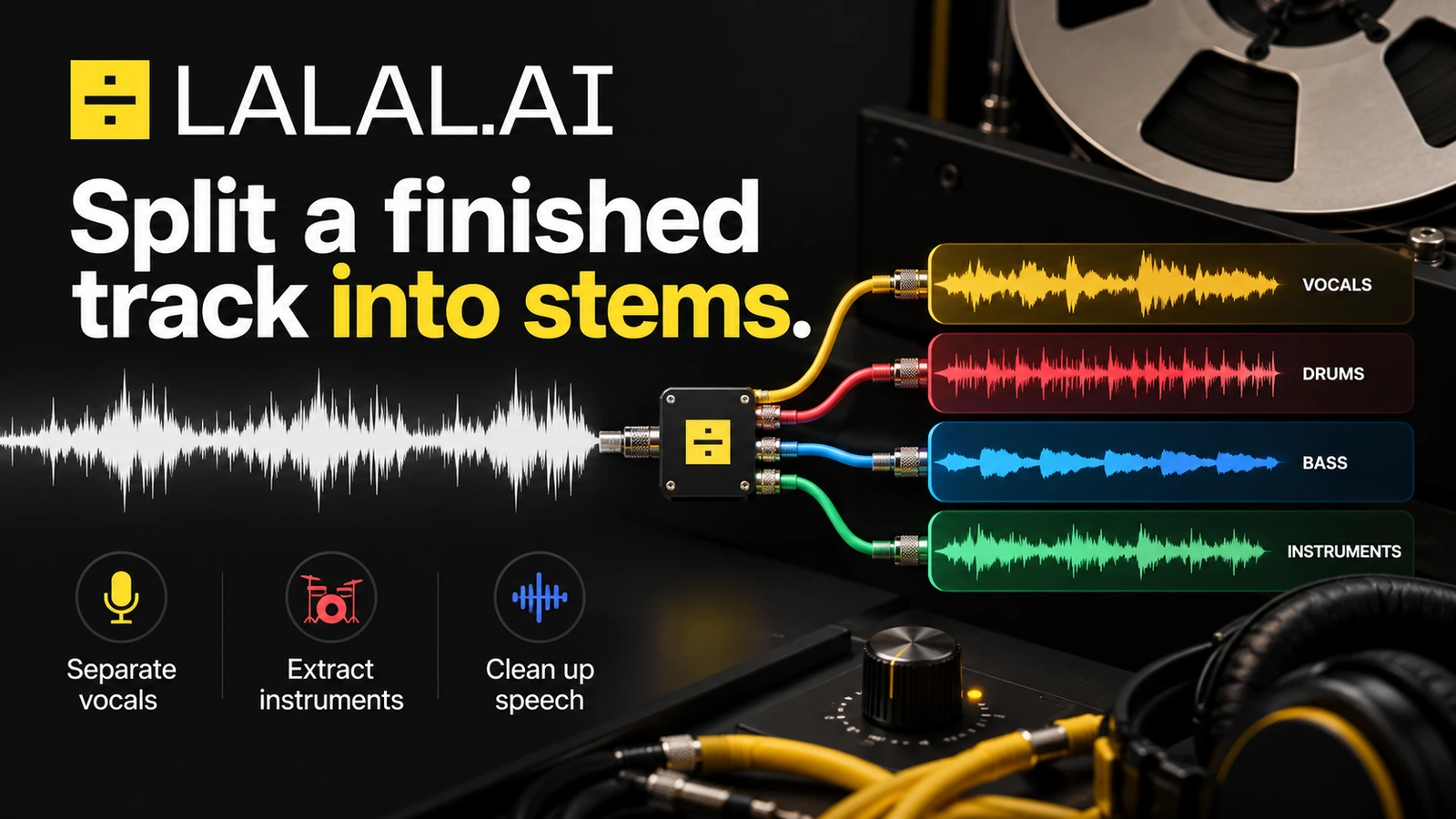 Editorial composition of LALAL.AI showing a finished waveform separated into vocal, drum, bass and instrument stems.