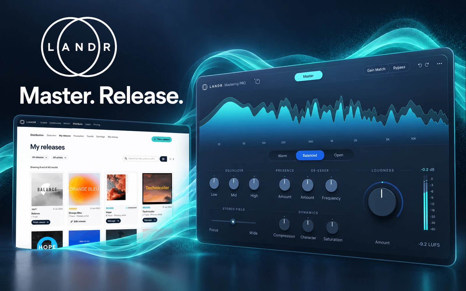 Editorial composition of LANDR Mastering Plugin Pro and its distribution dashboard, with the LANDR logo and the words Master. Release.