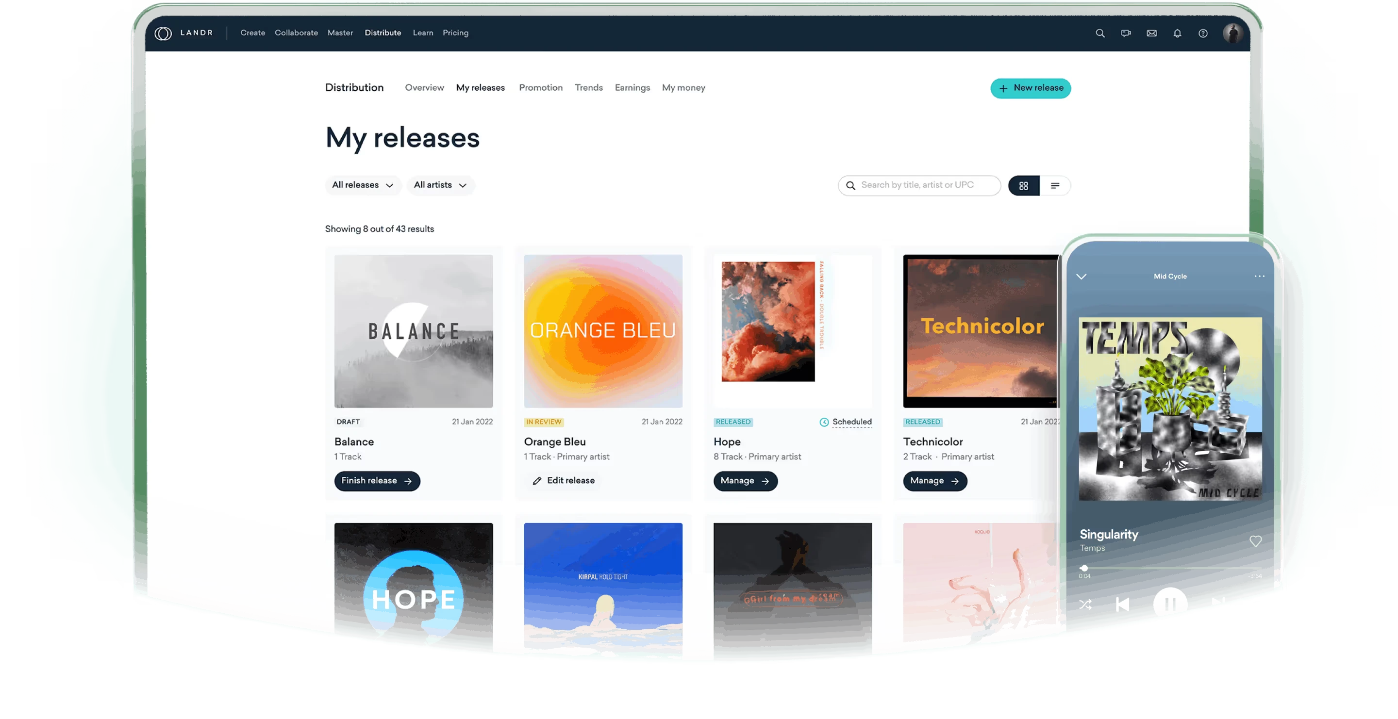Official LANDR Distribution visual showing the My releases dashboard and mobile playback view