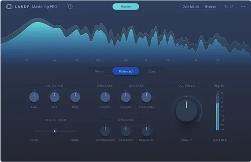 LANDR Mastering Plugin Pro with spectrum display, tone controls, loudness control and output meter