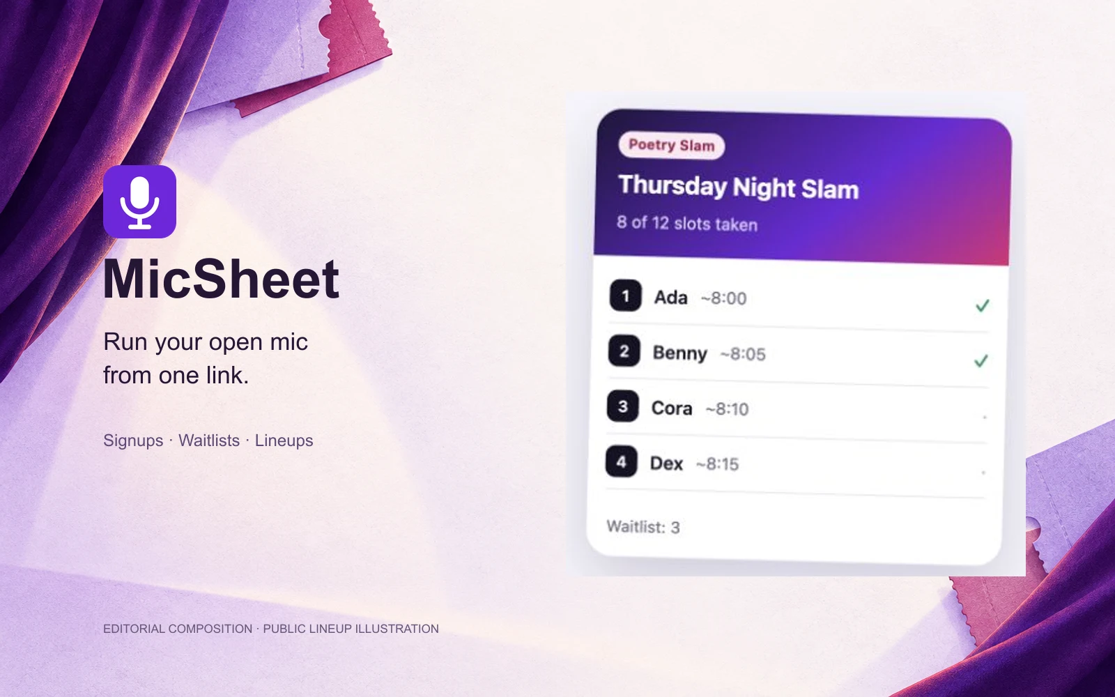 Editorial composition of MicSheet with its official microphone icon and the public illustrative performer lineup and waitlist.