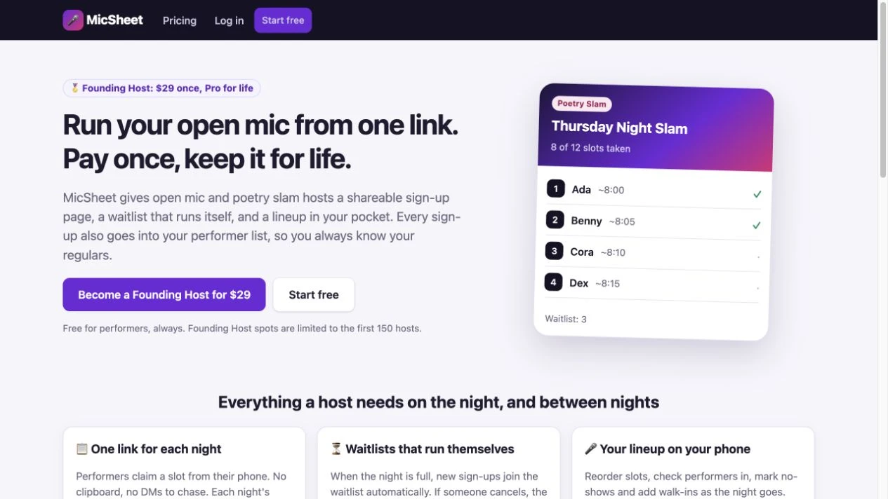 MicSheet public homepage showing its illustrative Thursday Night Slam lineup, waitlist and open-mic signup features