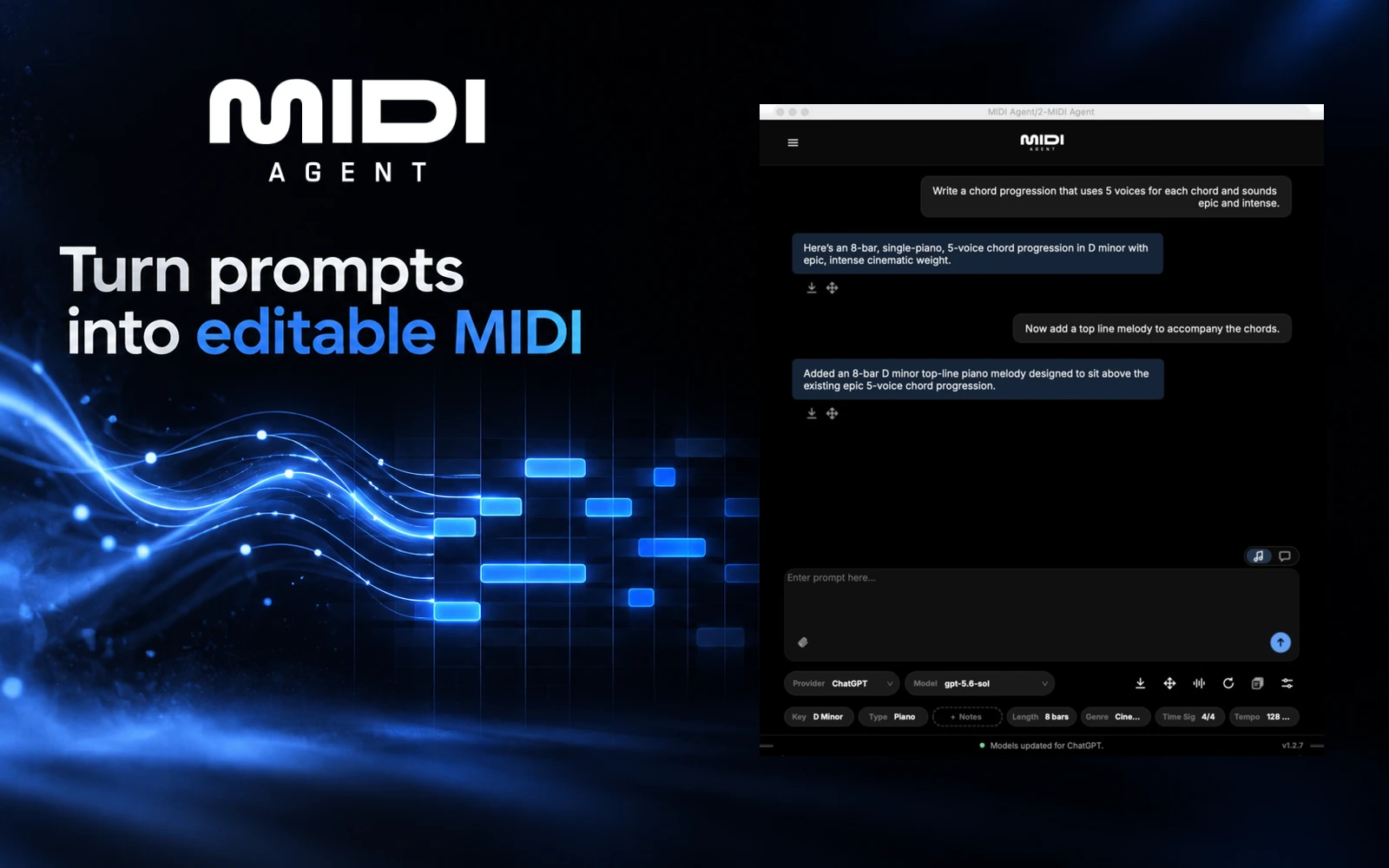 Editorial composition of MIDI Agent with its genuine prompt interface, official white wordmark and abstract blue MIDI notes.