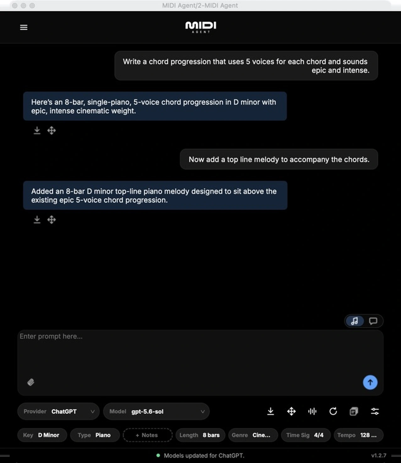 MIDI Agent showing a conversation requesting a chord progression and accompanying melody, with model and musical parameter controls.