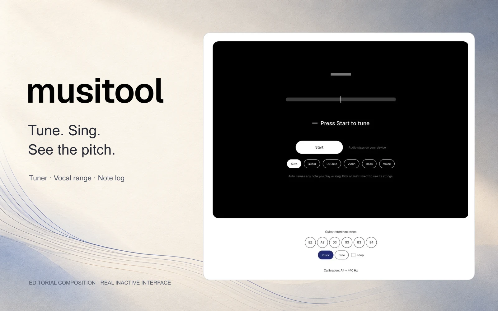 Editorial composition of musitool featuring its official wordmark and genuine inactive browser tuner with instrument and reference-tone controls.