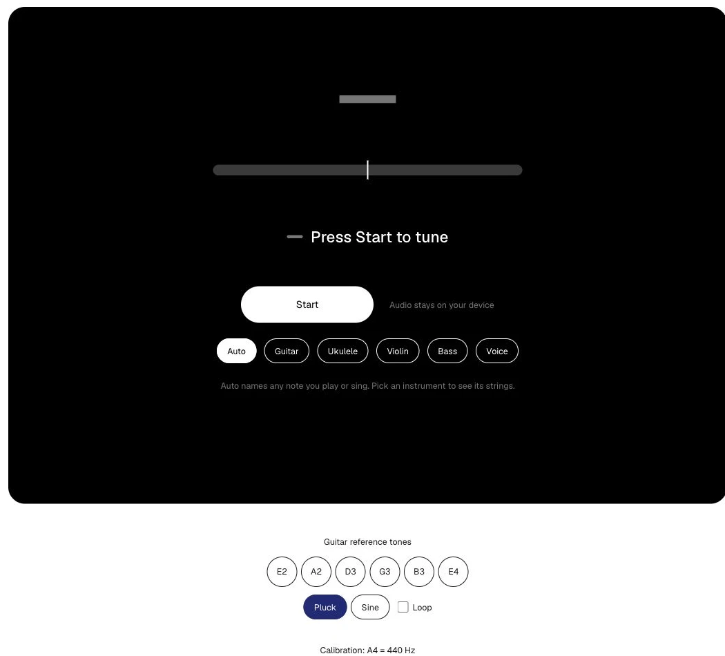 musitool inactive tuner showing instrument modes, a Start button and guitar reference-tone controls