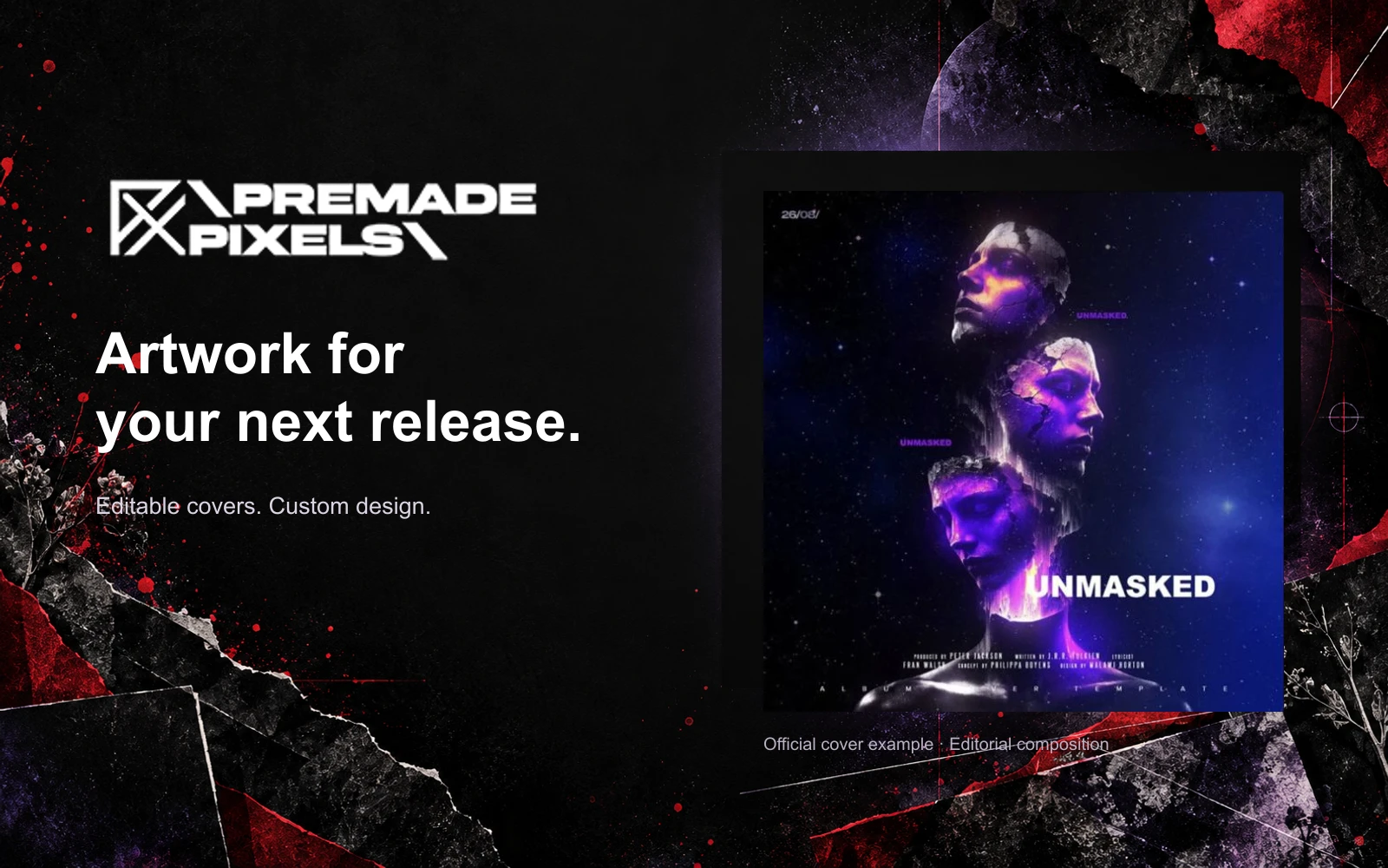 Editorial composition of PremadePixels featuring its official logo and an actual Unmasked album cover example