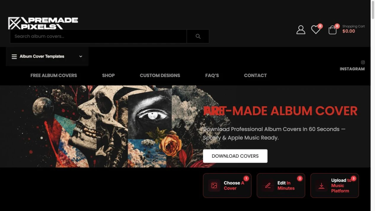 PremadePixels homepage and album artwork service overview