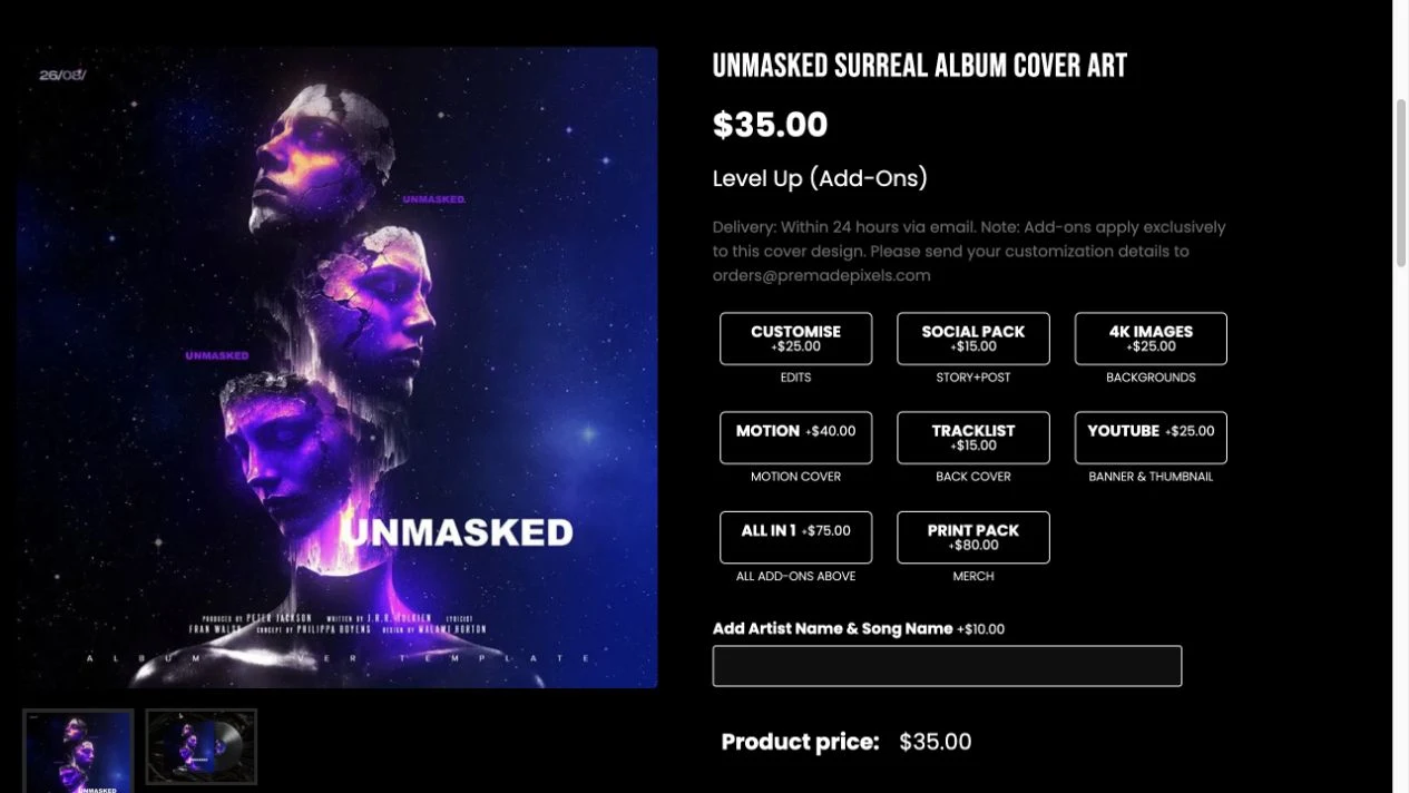 Genuine PremadePixels product page showing the Unmasked album artwork and available customisation options