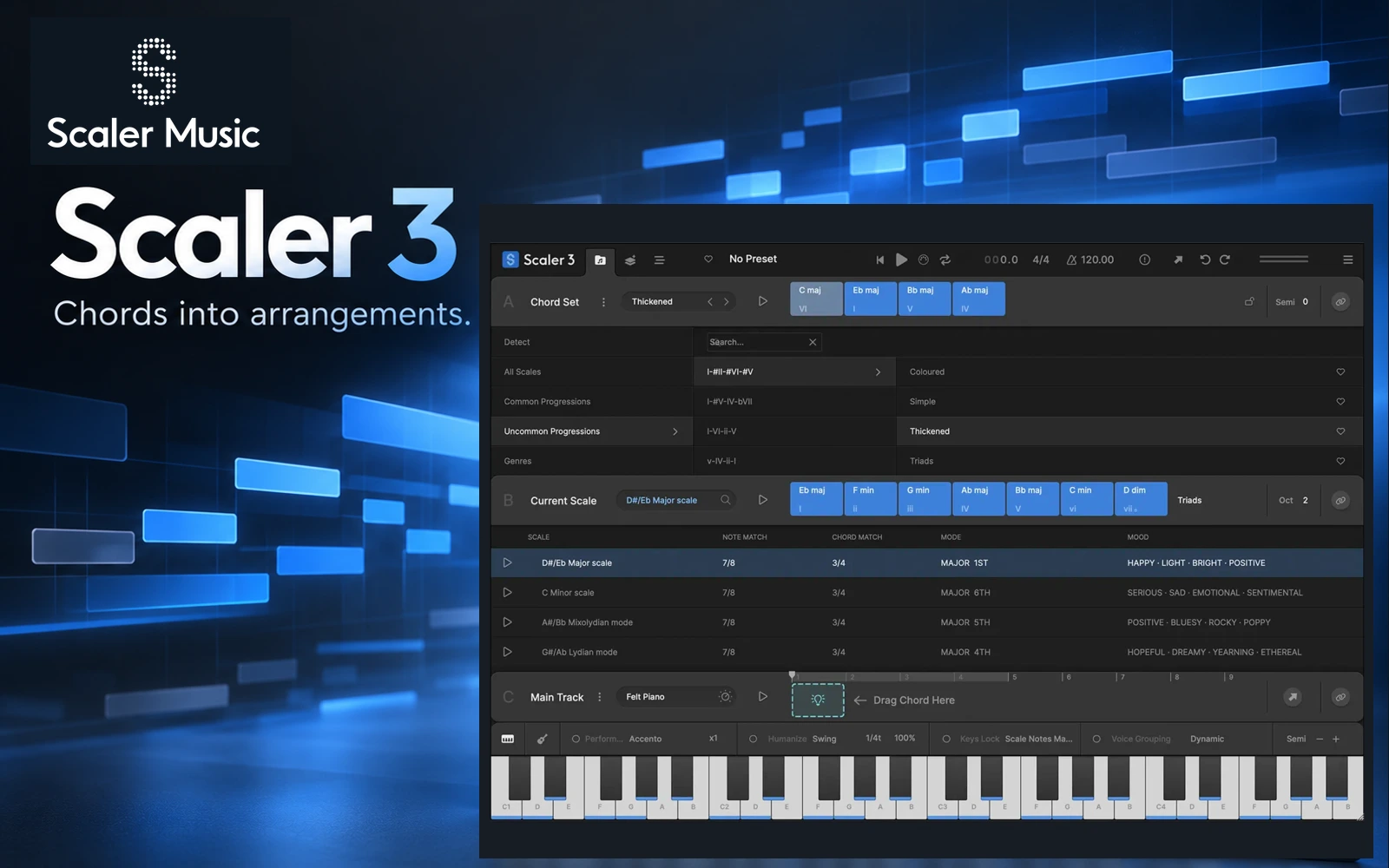 Editorial composition of Scaler 3 showing its chord-progression interface with official Scaler Music branding.