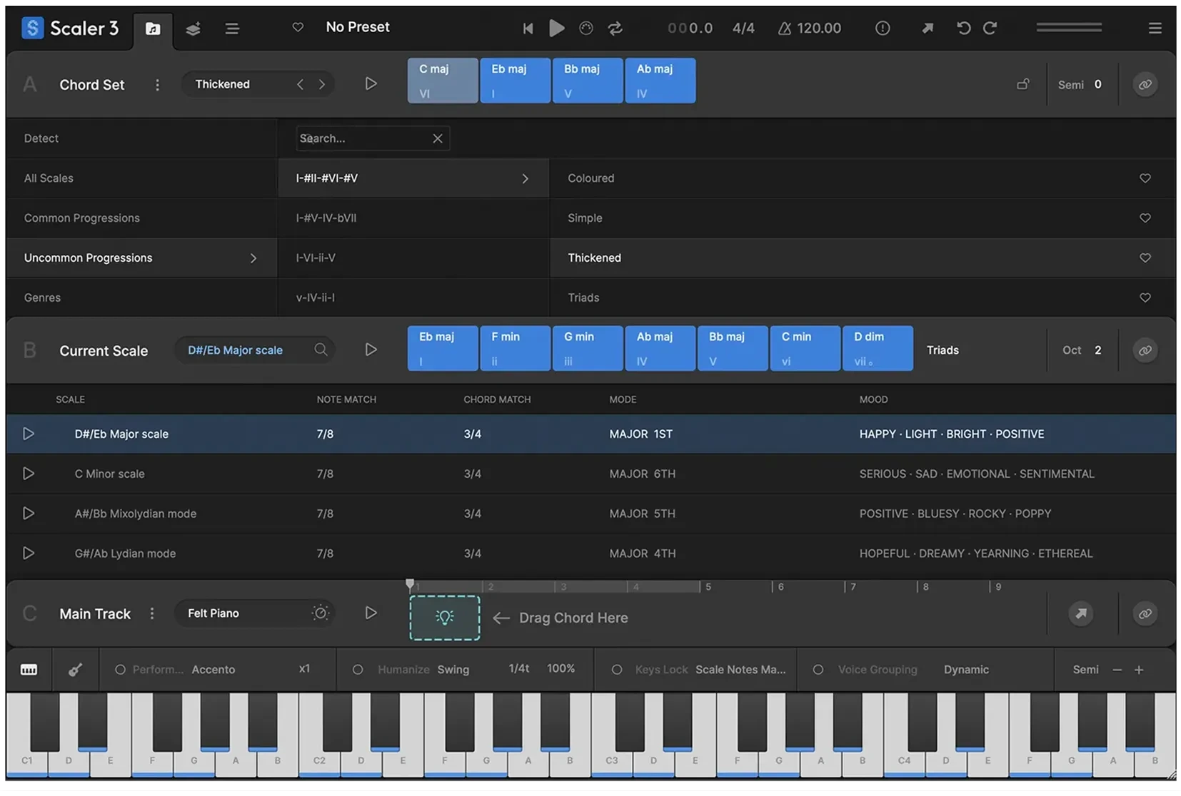Scaler 3 progression view showing chord sets, matching scales and the main chord track