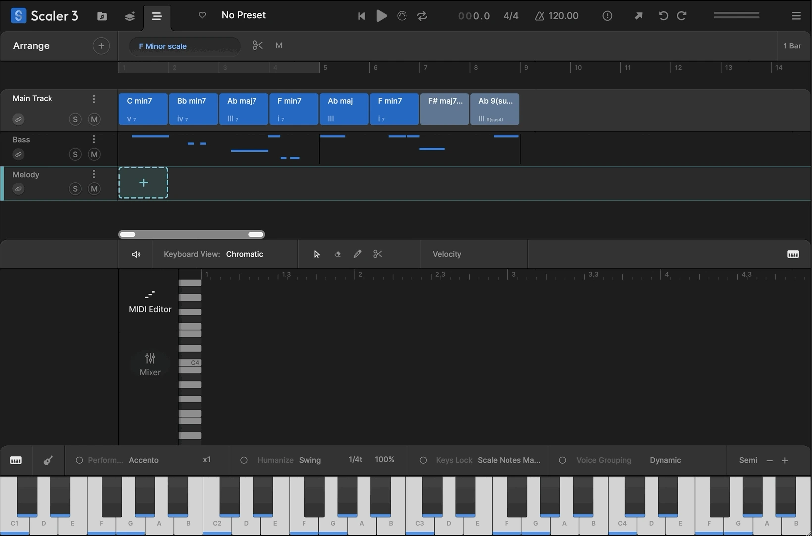 Scaler 3 Arrange view showing chord and bass lanes above the MIDI editor