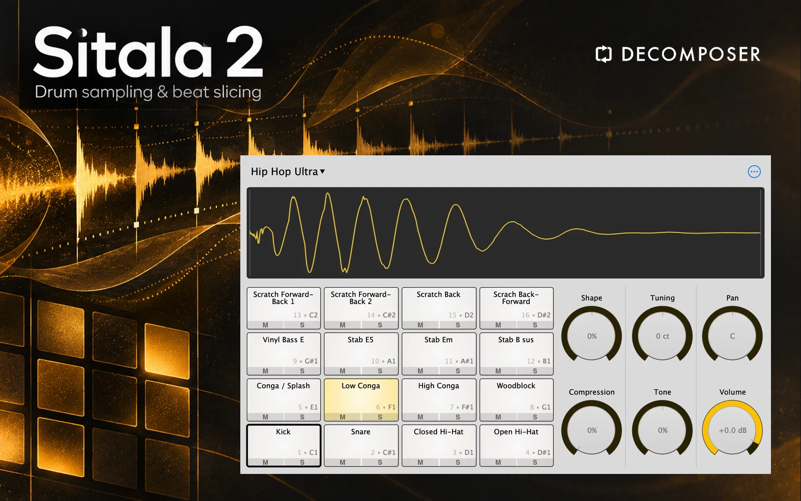 Editorial composition of Sitala 2 with a genuine drum-sampler interface, amber waveform artwork and the official Decomposer logo.