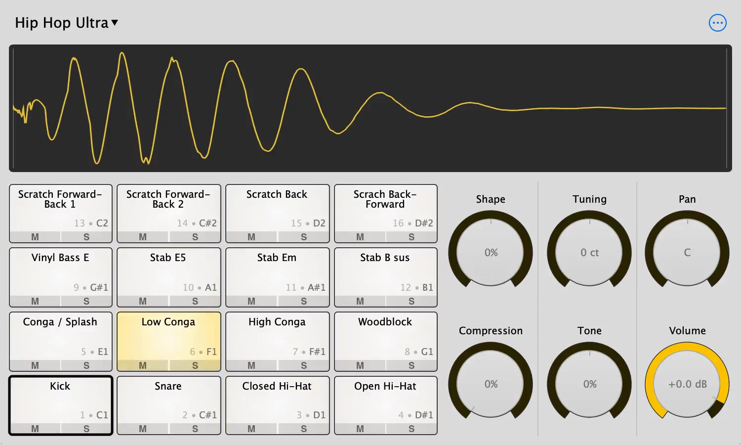 Sitala interface from the official demo, showing sixteen sample pads, the waveform and six sound-shaping controls.