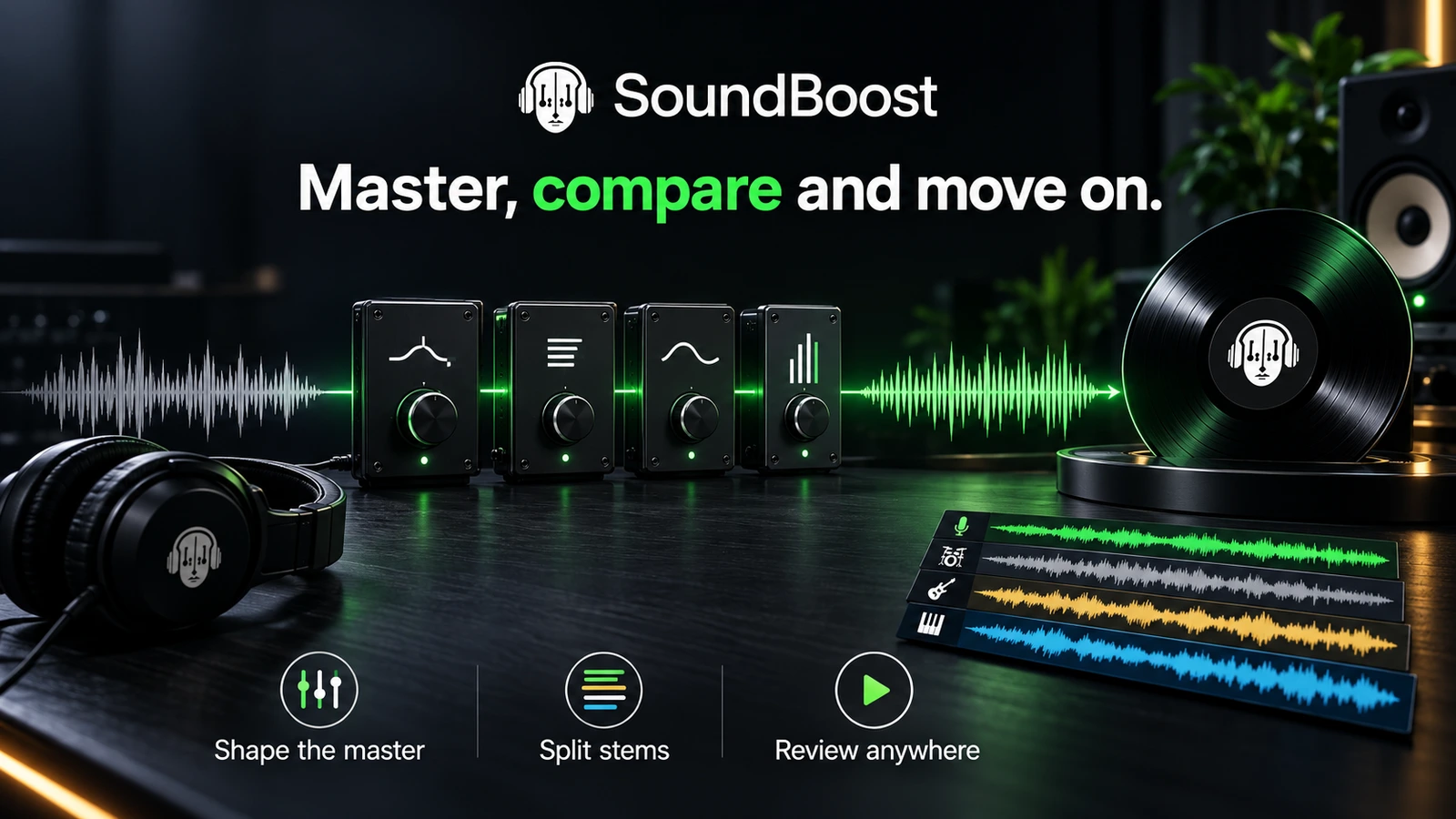 Editorial composition of SoundBoost showing a waveform moving through mastering controls with separated stems.