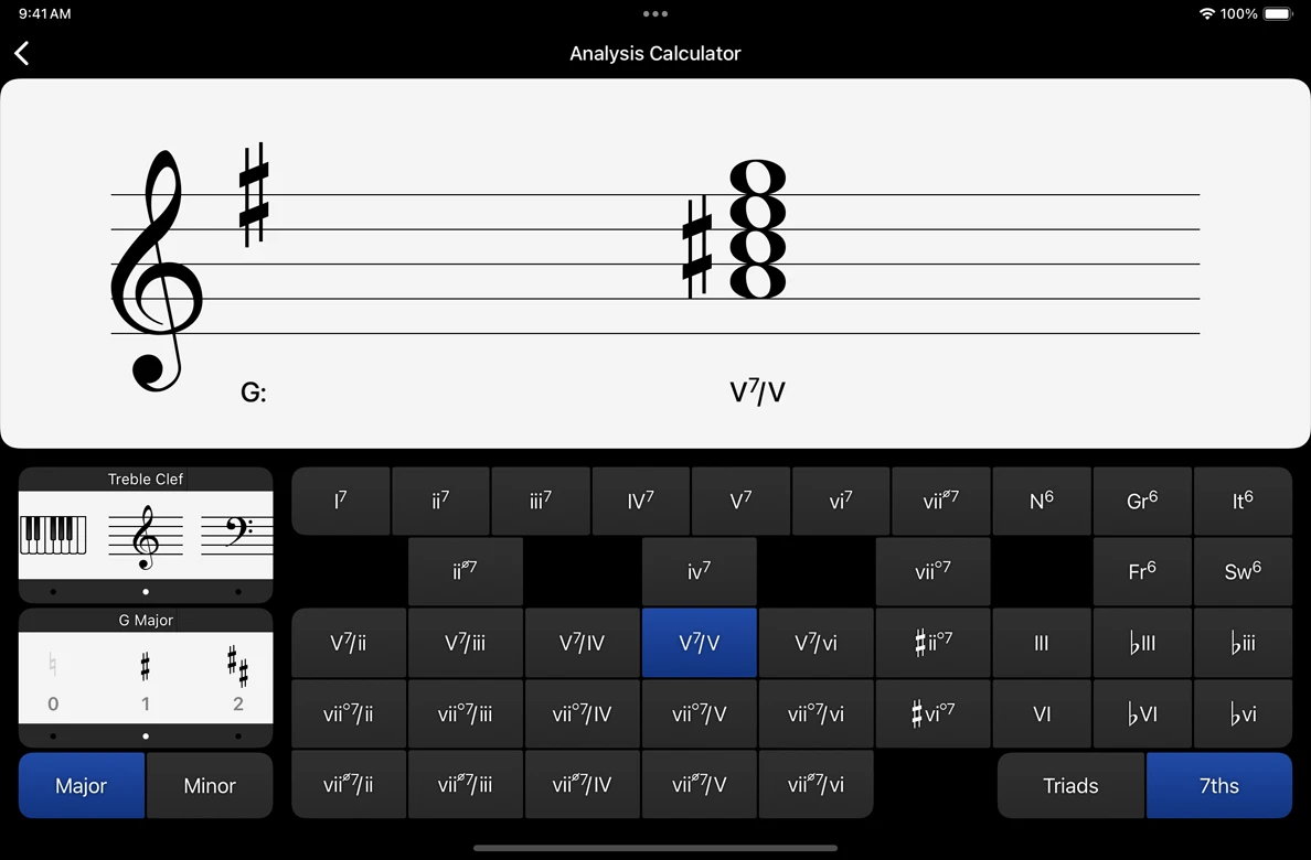 Tenuto Analysis Calculator displaying a chord in G major with harmonic-analysis choices