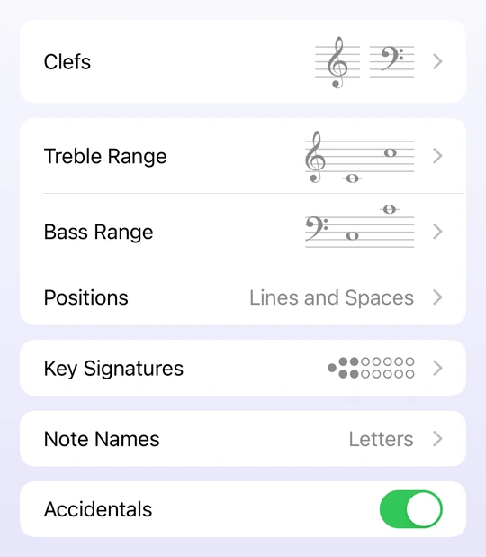 Tenuto exercise settings showing clefs, staff ranges, key signatures, note names and accidentals