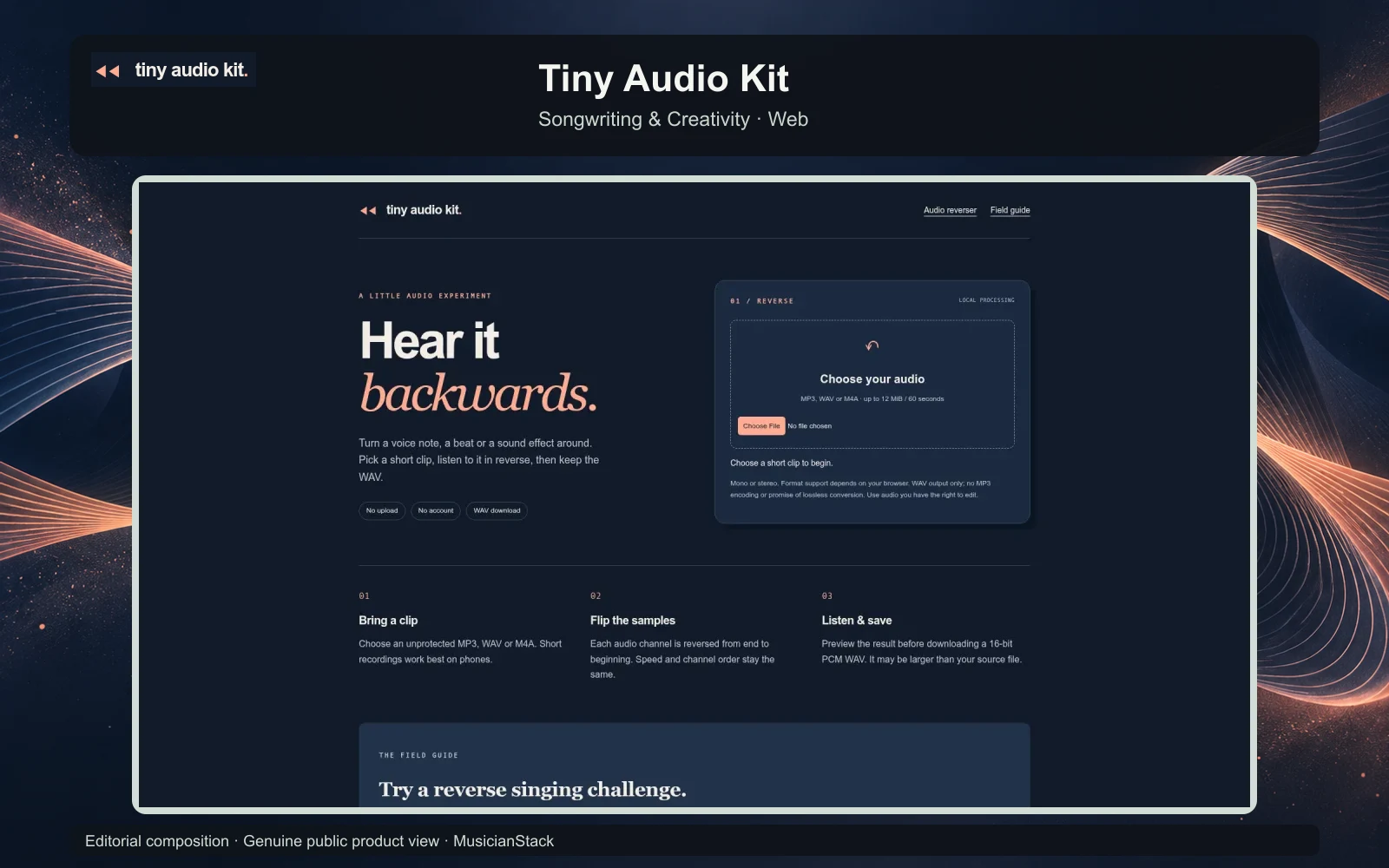 Editorial composition of Tiny Audio Kit showing its genuine public music workflow.