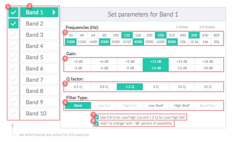 TrainYourEars exercise editor showing frequency, gain, Q and filter-type choices